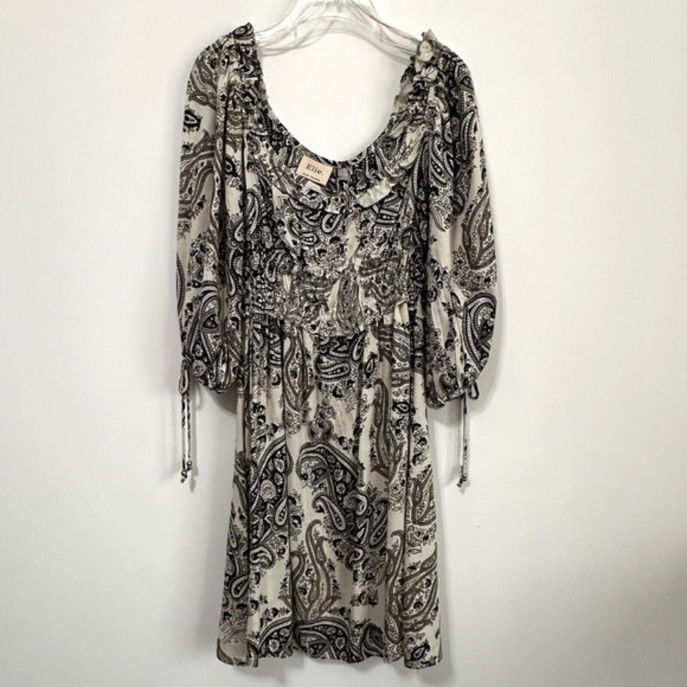 Elie‎ Tahari Dress S Paisley Print Billow Sleeve Cream Chocolate Boho Trendy NEW